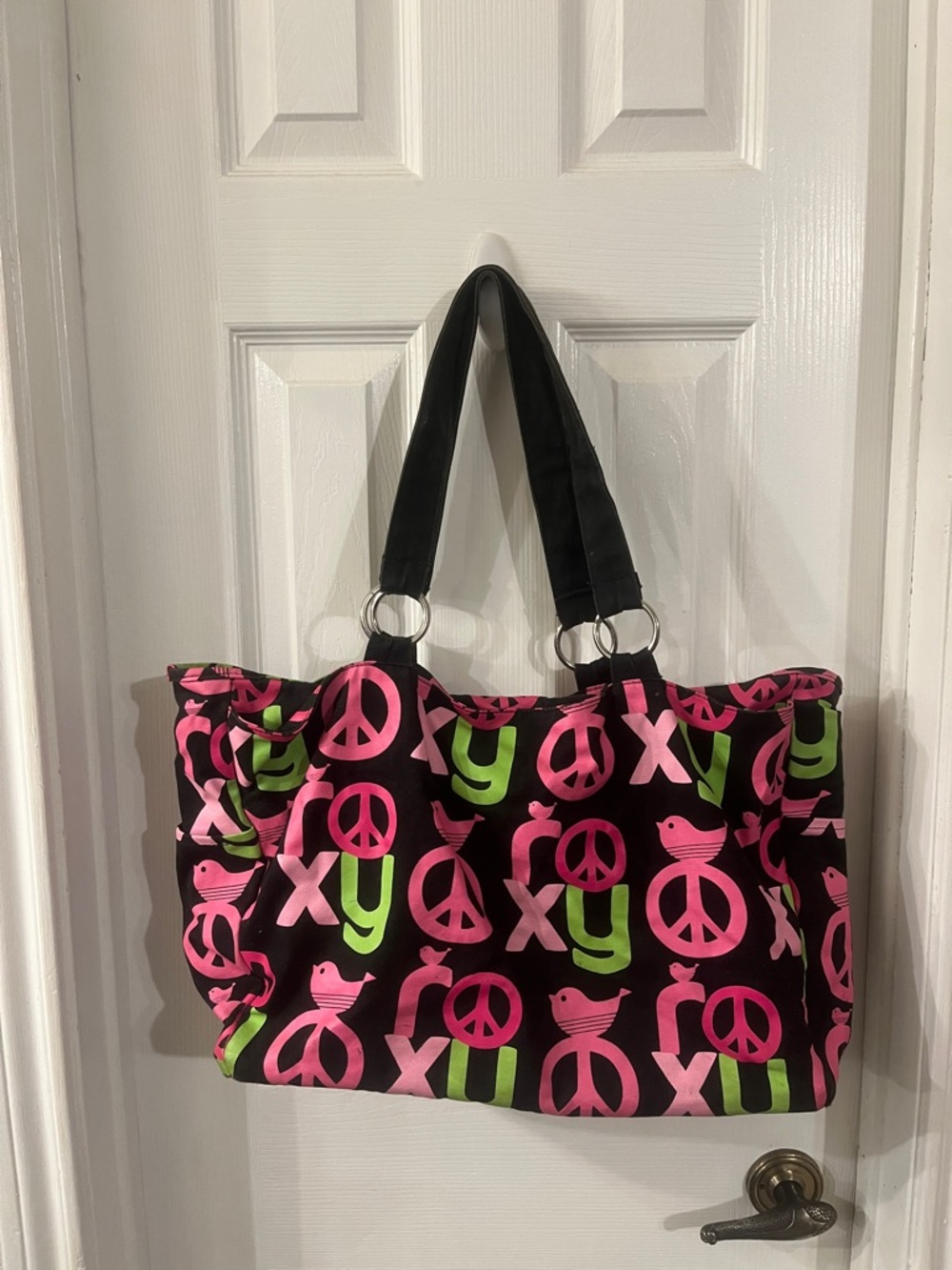 Black Tote Bag with Pink & Lime Peace Sign Print